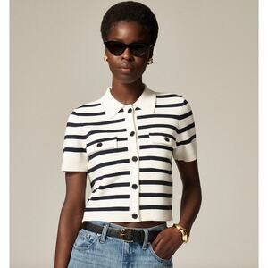 J.Crew Collared Short Sleeve Cardigan Striped Preppy Ivory Navy Small FLAWED NWT